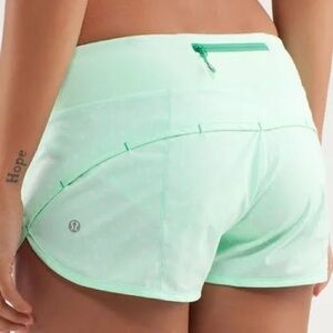 Lululemon speed run athletic shorts! They are mint green with white polka dots!